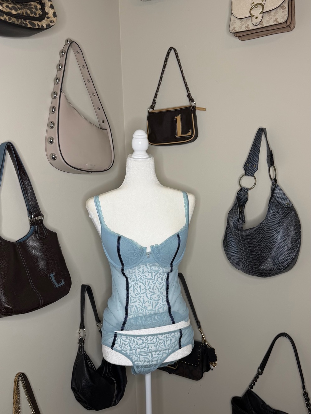 2005 Victoria’s Secret Matching Lingerie Set - Blue Sparkly Mesh - Size L